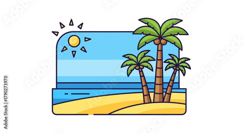 Tropical serenity outlined illustration with sunshine sand and swaying palms evoking vacation bliss