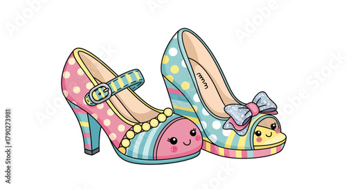 Whimsical footwear illustration displaying colorful cartoon high heels with playful patterns and