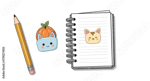 Whimsical still life of art supplies and adorable cat-themed illustrations on a notebook
