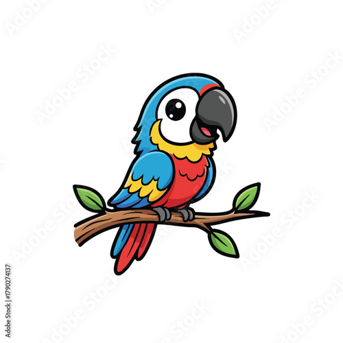 Cute cartoon macaw parrot perched on a branch