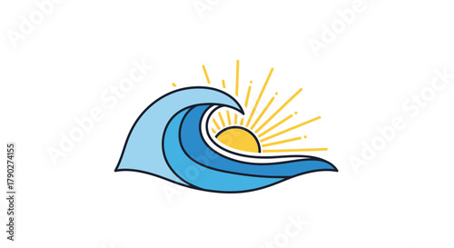 Serene ocean wave with rising sun vector illustration for summer themed designs