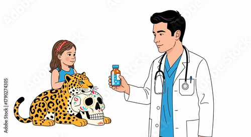 Doctor offering medication to a little girl accompanied by a jaguar and a decorated skull,