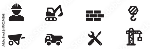 Construction icons set. Construction, renovation architecture, engineer, building, blueprint and home repair tools. Vector illustration. EPS 10