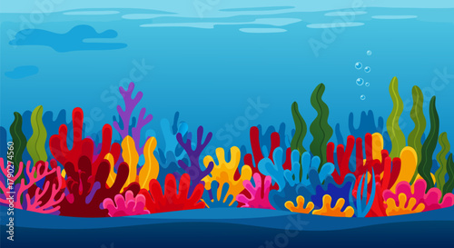 Vibrant Underwater Coral Reef Scene with Colorful Seaweed, Bubbles, and a Bright Blue Ocean Background