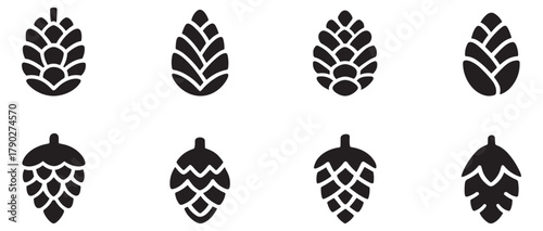 Pine cone icon. Pine cone icons on a white background. Set of simple black pine cone. Pine cone logotype. Vector illustration