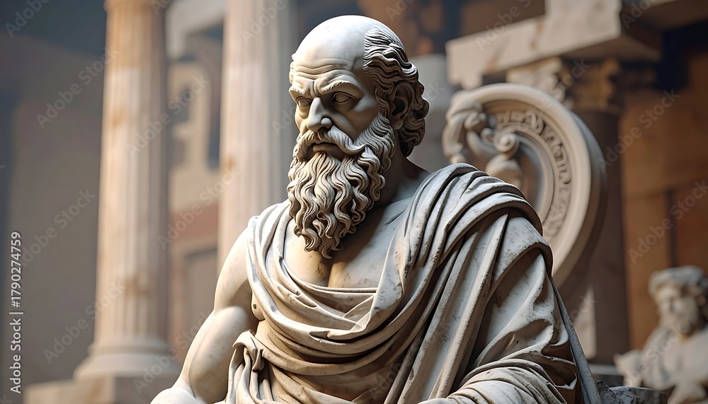 Obraz premium Close-up statue of a bearded man, classic architectural backdrop, marble, aged, thoughtful expression