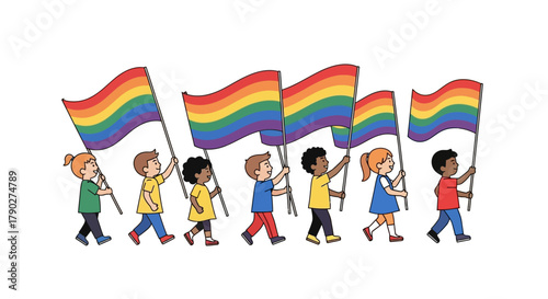 Diverse group of children marching with rainbow flags promoting equality and inclusion celebrating