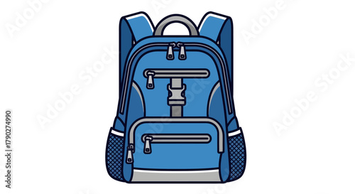 Illustration of a blue backpack with multiple pockets and zipper details for daily commutes