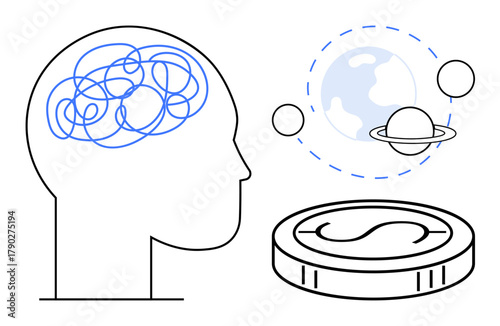 Head with tangled lines, coin representing finance, planet orbiting space, and Earth. Ideal for innovation, finance, science, problem-solving exploration connectivity education. Simple flat