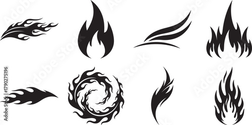 Collection of fire flame silhouette vector designs with burning, tribal, and abstract flame shapes for graphic decoration