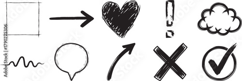 Hand drawn sketch symbol silhouette vector set including arrow, heart, check mark, and exclamation mark for design use