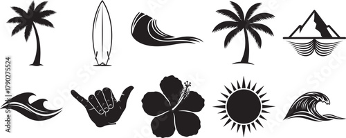 Surfing and tropical beach silhouette vector collection featuring palm tree, surfboard, wave, hibiscus, and sun illustration