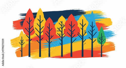 Stylized autumn scene with brushstroke background conveying colorful woodland trees
