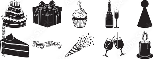 Birthday and celebration silhouette vector set including cake, cupcake, candle, wine glass, and party elements illustration