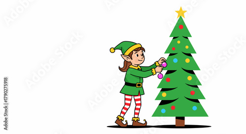 cartoon christmas elf decorating holiday fir tree for children's books, festive seasonal greetings, december event flyers, and santa's workshop themed web banners, with copy space