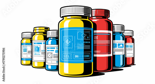 illustration of various dietary supplement or medicine bottles for pharmaceutical presentations, health and wellness blogs, fitness nutrition advertising, and medical industry websites
