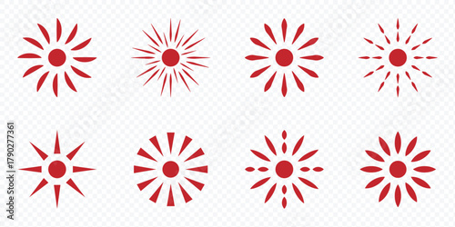 Sunburst shapes, bursting sun rays, sunshine. Sunburst effect, symbol of Sun star rays. vintage doodle round fireworks sunburst explosion set. Radial fireworks burst, sunset and sunrise, star beams.
