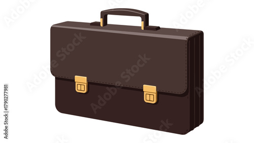 A brown briefcase with gold clasps and handle on a white background