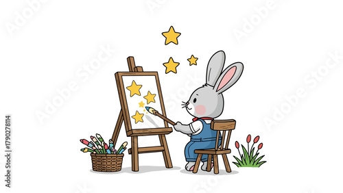 A bunny paints stars on an easel while sitting on a chair