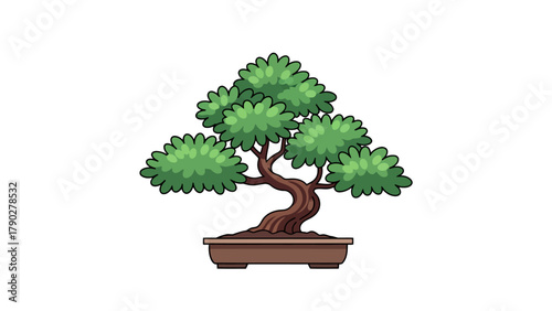 A cartoon bonsai tree with green foliage and a brown pot on a white background
