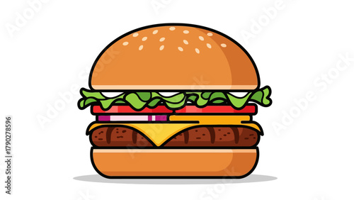 A cartoon burger with sesame seeds on the bun lettuce tomato onion cheese and patty