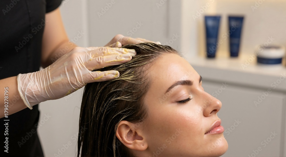 Fototapeta premium Woman having hair treatment with nourishing mask applied by beautician in a salon. Hair care and spa concept for beauty and wellness.