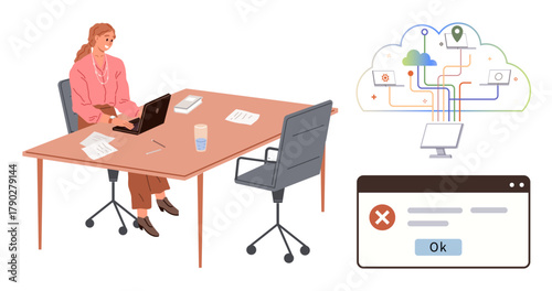 Woman sitting at desk using laptop, cloud network diagram with connections, and error notification window. Ideal for technology, remote work, cloud computing, error management, digital communication