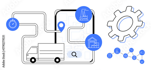 Delivery truck on a mapped route, location pin, gear, and time tracker. Factory and warehouse icons connect to network operations. Ideal for supply chain, logistics, delivery tracking, manufacturing