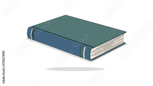 A closed book with a blue cover and green top lying on a white surface with a shadow