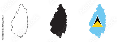 Saint Lucia map vector with editable country outline, black silhouette and national flag featuring blue, black, white, and yellow triangles for geography, travel, education,