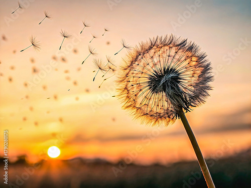 A single dandelion seed head blowing in the wind at sunset – representing freedom, fragility, and letting go