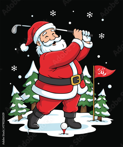 Santa claus playing golf in a snowy winter forest