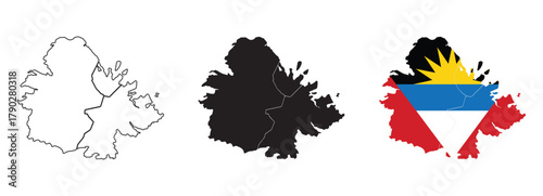 Antigua and Barbuda map vector with editable country outline, black silhouette and national flag with red blue black gold sunrise design for geography, education, travel, and Caribbean island