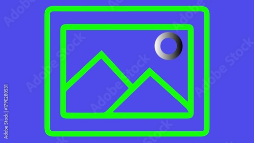 Green outline tilted image icon with mountains and sun on blue