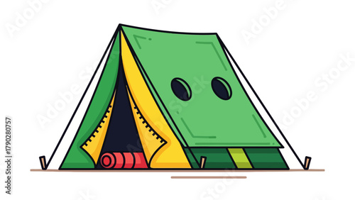 A green tent with two windows and a red sleeping mat inside