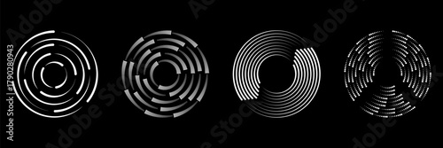 Halftone Geometric Speed Lines Circle Set. Thick Halftone Dashed Speed Lines. Collection Of Abstract Spiral Circular Line Shapes. Isolated Vector Illustration