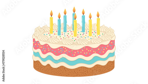 A multilayered birthday cake with nine lit candles and sprinkles