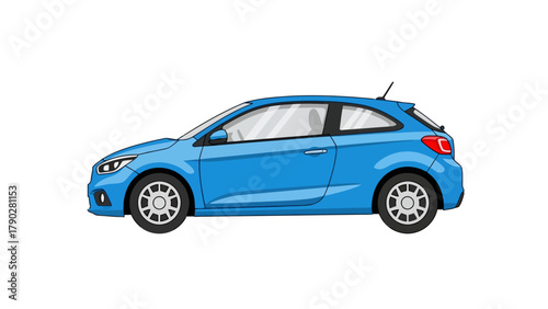 A pixelated blue hatchback car with black tires and silver rims