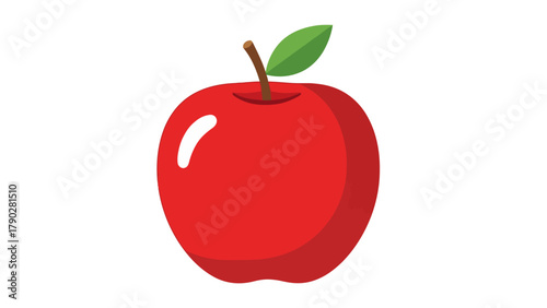 A red apple with a brown stem and a green leaf