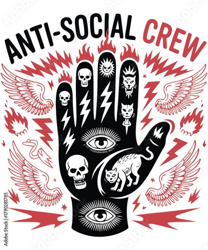 Anti social crew hand illustration with mystical symbols