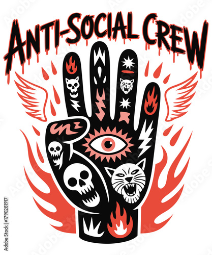 Anti social crew hand with skulls and eye illustration