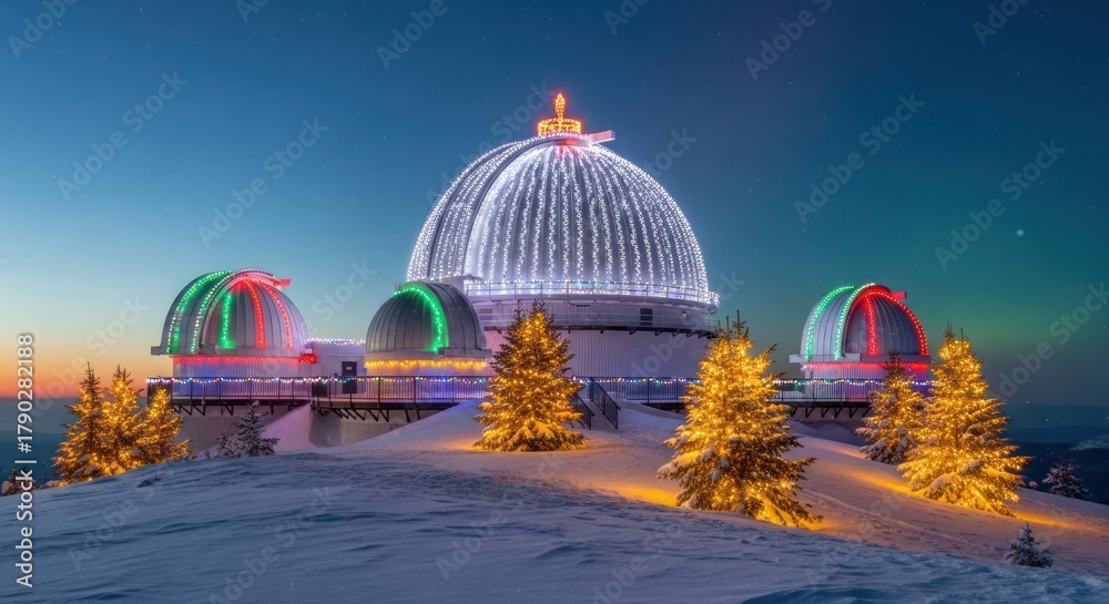 Obraz premium Observatory domes decorated with christmas lights on a snowy hill at twilight sky