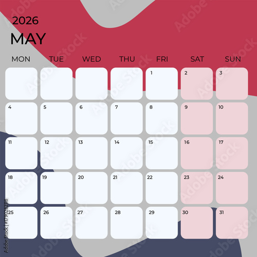 Minimal May 2026 Calendar Template with Abstract Red and Navy Design