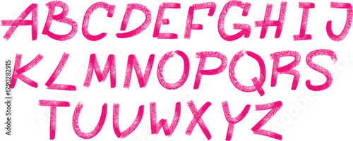 Handwritten pink alphabet letters in uppercase arranged in rows on a white background