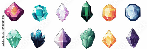 Set of colorful polished and raw gemstone and crystal icons flat vector illustration with various shapes of diamond, emerald, amethyst, topaz, sapphire, tourmaline, quartz minerals
