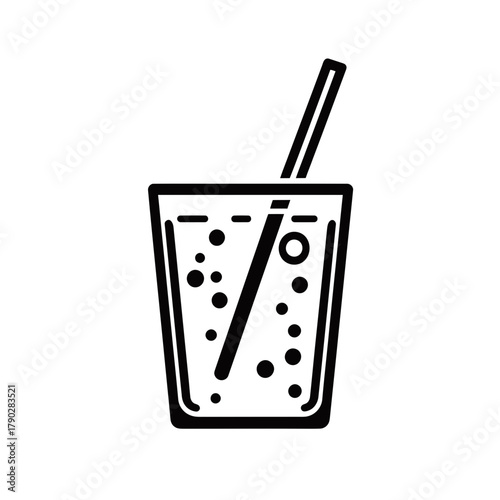 Black and white minimalist vector icon of fizzy drink glass with straw and bubbles flat simple line art beverage illustration design isolated on white background