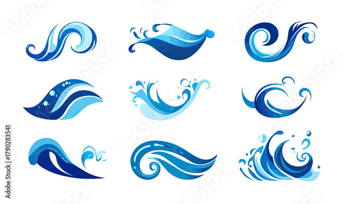 Set abstract blue ocean wave icons with splash droplets in various flowing shapes and dynamic water designs in flat vector style illustration