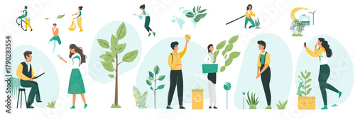 Sustainable living concept with diverse people engaging in planting trees recycling composting and caring for nature in flat minimalist style vector illustration