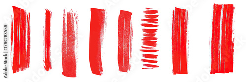 Set of hand drawn red brush stroke paint lines in various shapes and textures for design and illustration accents vector elements collection