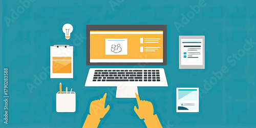 Flat minimalist business workspace with computer monitor showing team profile and dual hands pointing, office stationery and light bulb on blue background vector illustration